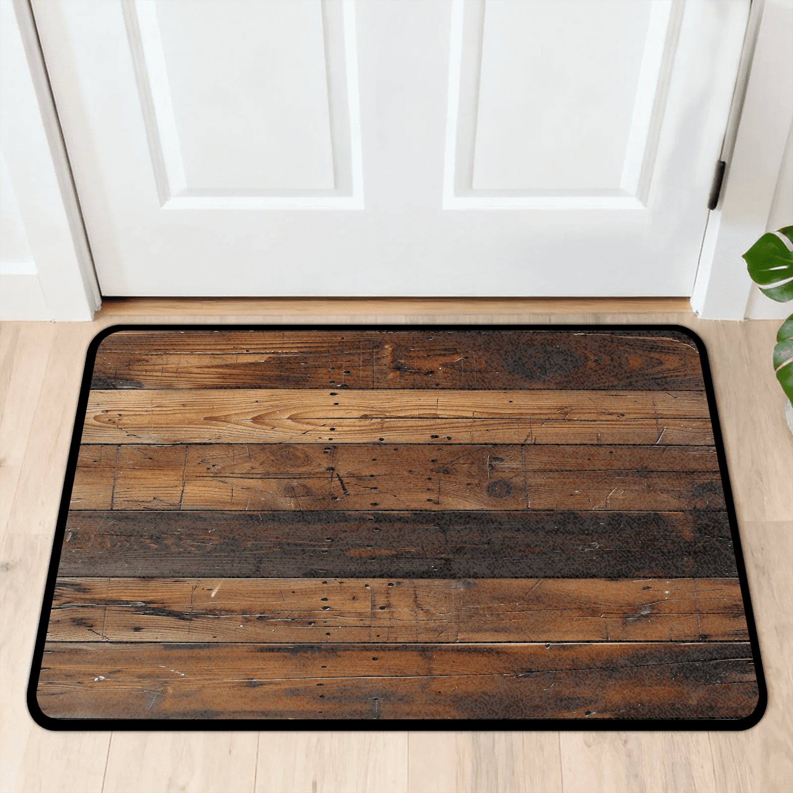 CURLYOOT Farmhouse Brown Wooden Front Door Mat, Washable Non-Slip Door