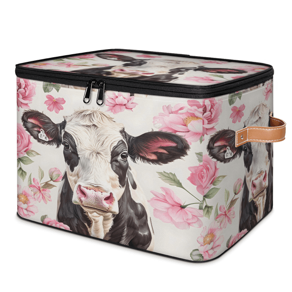 CURLYOOT Farmhouse Cow Fabric Storage Bins with Lids, Flower Cow Foldable Storage Boxes Washable Storage Cube, Closet Bedroom Home Organizer Containers with PU Leather Handles