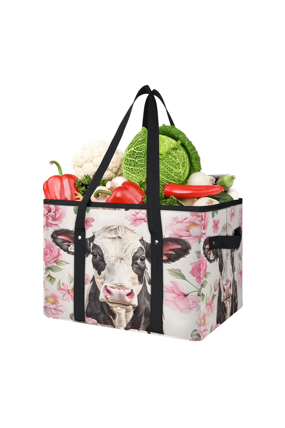 Farmhouse Cow Reusable Grocery Bag, Large Foldable Grocery Totes Shopping Bag for Groceries, Flower Cow Shopping Bags with Handles for Kitchen Trunk Picnic