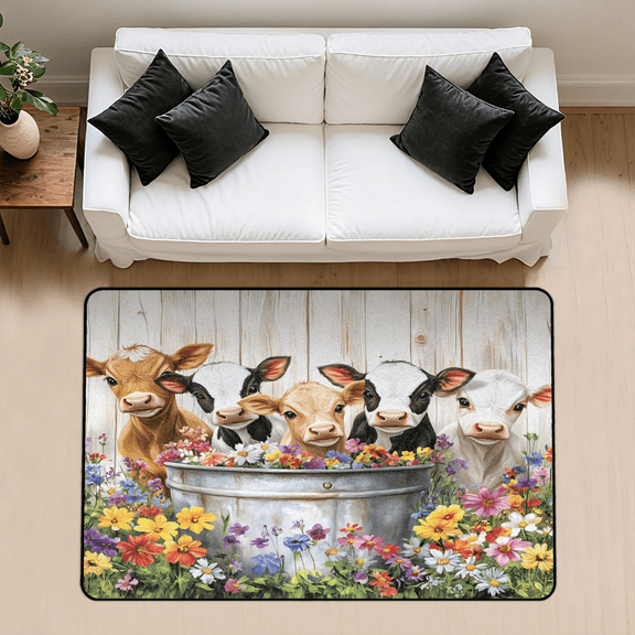 CURLYOOT Highland Cow Rug for Living Room Bedroom, 4x6 Ft Washable Area Rug, Non Slip Rugs for Entryway, Farmhouse Floral Large Carpet for Indoor Dining Room