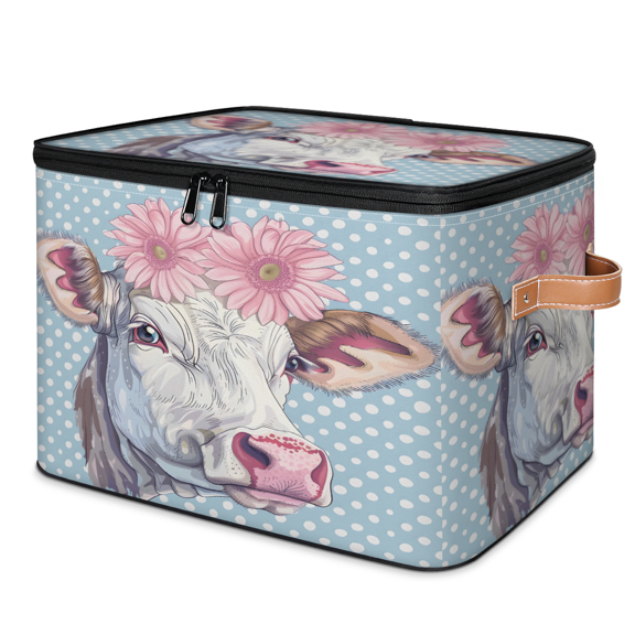 CURLYOOT Farmhouse Cows Fabric Storage Bins with Lids, Cute Cow Foldable Storage Boxes Washable Storage Cube, Closet Bedroom Home Organizer Containers with PU Leather Handles