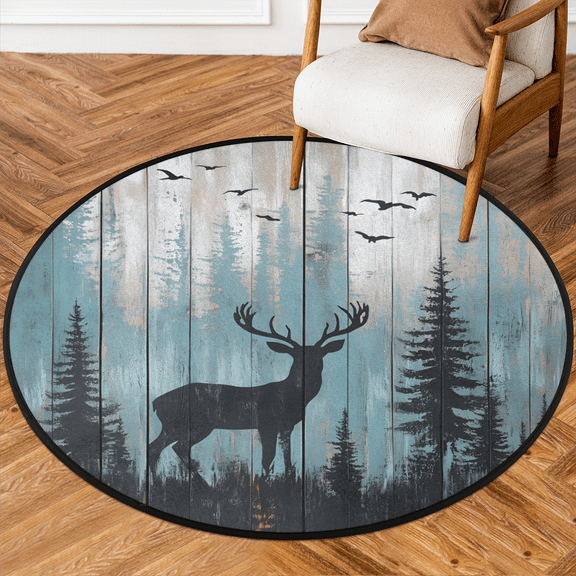 CURLYOOT Farmhouse Deer 5.2ft Round Rug for Living Room, Large Washable Area Rug, Non Slip Floor Mat Indoor Rugs for Bedroom, Dining Room, Offices, Entryway