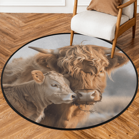 CURLYOOT Farmhouse Highland Cow 5.2ft Round Rug for Living Room, Large Washable Area Rug, Non Slip Floor Mat Indoor Rugs for Bedroom, Dining Room, Offices, Entryway