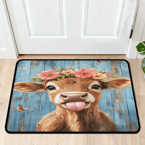 CURLYOOT Farmhouse Highland Cow Flower Plant Door Mat 24" x 36" Absorbent Front Doormat Entrance Mat Non-Slip Washable Welcome Mats Floor Mats for Entryway Indoor Outdoor
