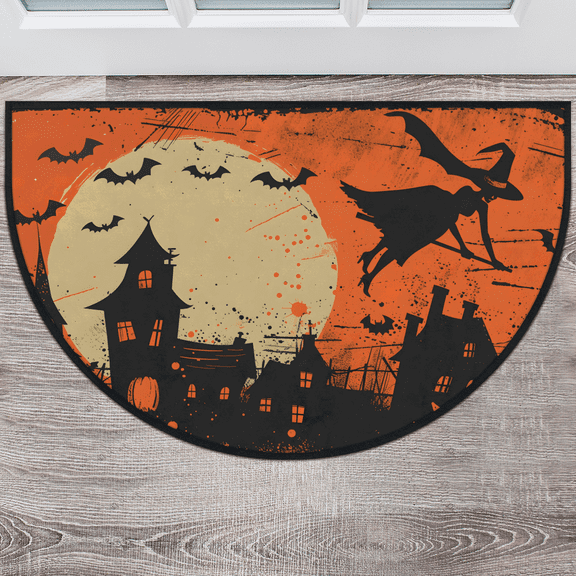 CURLYOOT Festival Witch Pumpkin Half Round Door Mat 24'' x 36'', Indoor Outdoor Entrance Rug, Semi Circular Area Rug, Non Slip Washable Absorbent Doormat, Laundry Room Rug