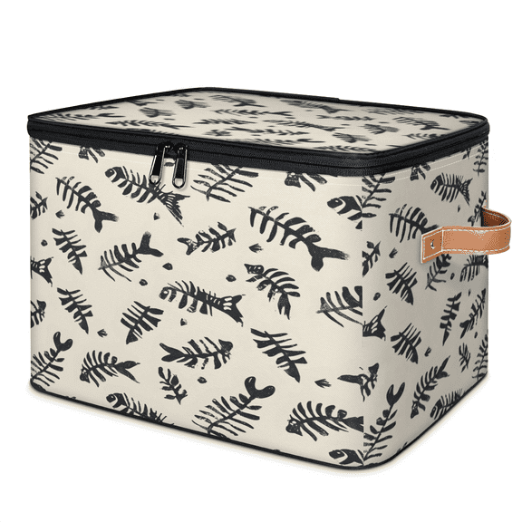 CURLYOOT Fish Fabric Storage Bins with Lids, Skull Fish Skeletons Foldable Storage Boxes Washable Storage Cube, Closet Bedroom Home Organizer Containers with PU Leather Handles