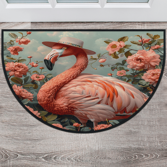 CURLYOOT Flamingo Jungle Half Round Door Mat 24'' x 36'', Indoor Outdoor Entrance Rug, Semi Circular Area Rug, Non Slip Washable Absorbent Doormat, Laundry Room Rug
