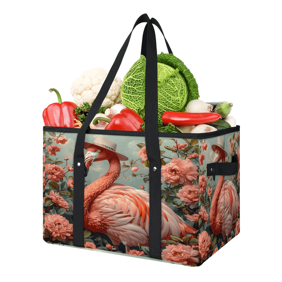 CURLYOOT Flamingo Jungle Reusable Grocery Bag, Large Foldable Grocery Totes Shopping Bag for Groceries, Shopping Bags with Handles for Kitchen Trunk Picnic