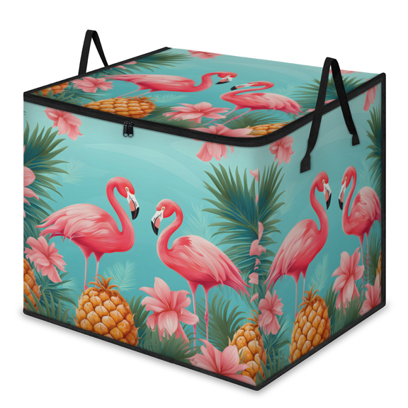 CURLYOOT Flamingos Tropical Leaves Large Storage Bag, Clothes Storage Bin Foldable Closet Organizer with Handle, Fabric Storage Containers for Clothing, Blanket, Comforter, Bedding