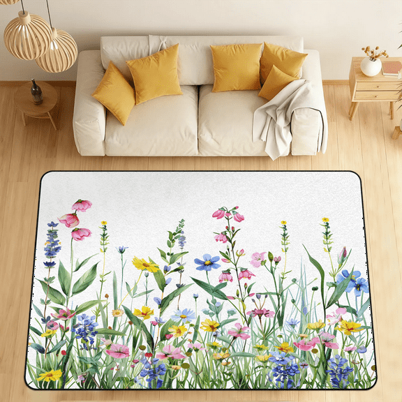 CURLYOOT Floral Area Rugs for Living Room Bedroom, 4' 10" x 6' 8" Washable Rug, Flower Pretty Colorful Wildflower Floor Carpet with Non Slip Backing for Dining Room Indoor