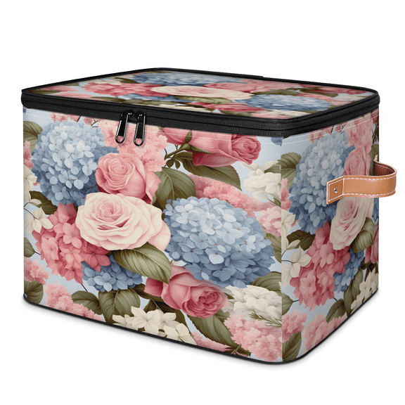CURLYOOT Floral Blue Pinks Hydrangea Storage Bin with Zipper Lid, Fabric Decorative Lidded Storage Baskets Boxes, Foldable Organizer Container Basket for Bedroom Closet Shelf