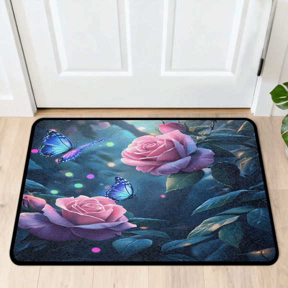 CURLYOOT Floral and Butterfly in Forest Door Mat 24" x 36" Absorbent Front Doormat Entrance Mat Non-Slip Washable Welcome Mats Floor Mats for Entryway Indoor Outdoor