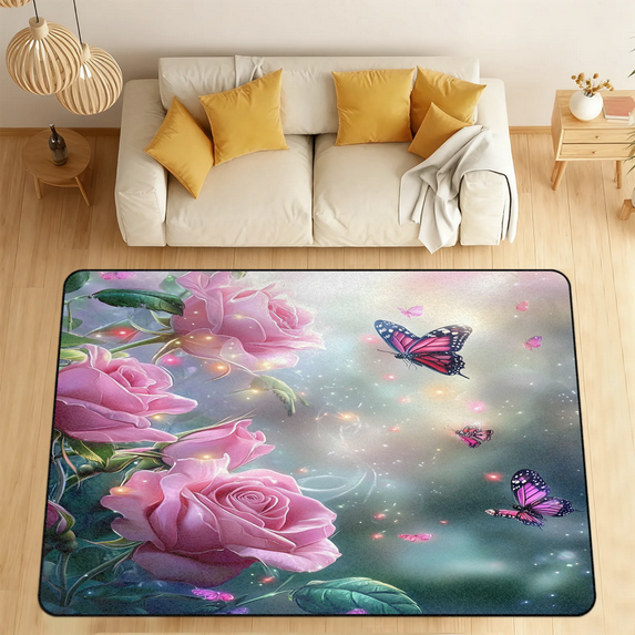 CURLYOOT Floral and Butterfly Pinks Flower Area Rugs 5'x7' Washable Rug Large Living Room Rug Non Slip Indoor Floor Carpet for Dining Room Bedroom Home