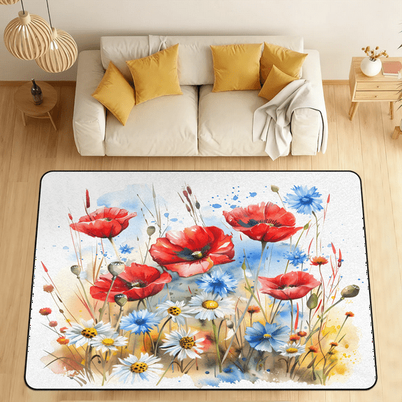 CURLYOOT Floral Colorful Area Rugs for Living Room Bedroom, 4' 10" x 6' 8" Washable Rug, Poppy Flower Floor Carpet with Non Slip Backing for Dining Room Indoor