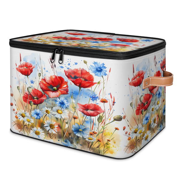 CURLYOOT Floral Colorful Fabric Storage Bins with Lids, Poppy Flower Foldable Storage Boxes Washable Storage Cube, Closet Bedroom Home Organizer Containers with PU Leather Handles