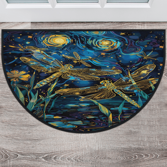 CURLYOOT Floral Dragonfly Abstract Half Round Door Mat 24'' x 36'', Indoor Outdoor Entrance Rug, Semi Circular Area Rug, Non Slip Washable Absorbent Doormat, Laundry Room Rug