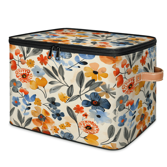 CURLYOOT Floral Fabric Storage Bins with Lids, Colorful Flowers Foldable Storage Boxes Washable Storage Cube, Closet Bedroom Home Organizer Containers with PU Leather Handles