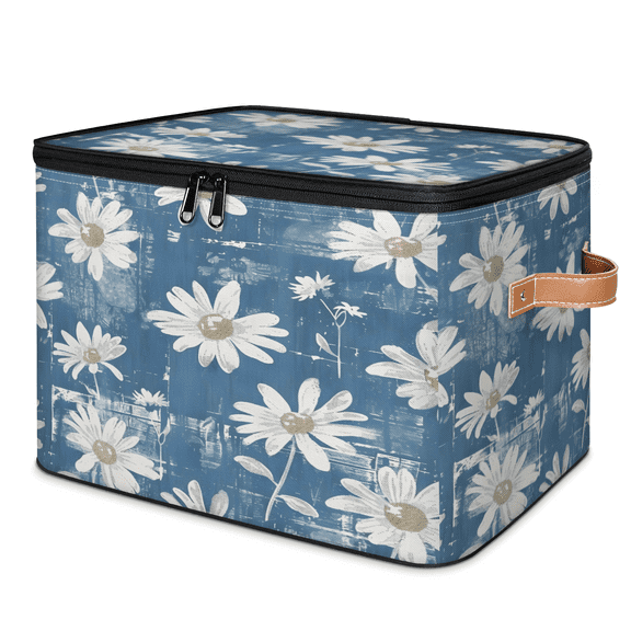 CURLYOOT Floral Fabric Storage Bins with Lids, Daisy Watercolor Blue Foldable Storage Boxes Washable Storage Cube, Closet Bedroom Home Organizer Containers with PU Leather Handles
