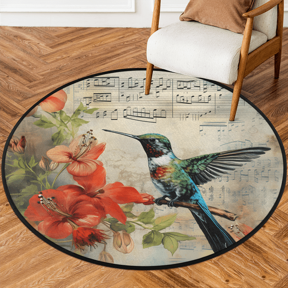 CURLYOOT Floral Hummingbird 5.2ft Round Rug for Living Room, Large Washable Area Rug, Non Slip Floor Mat Indoor Rugs for Bedroom, Dining Room, Offices, Entryway