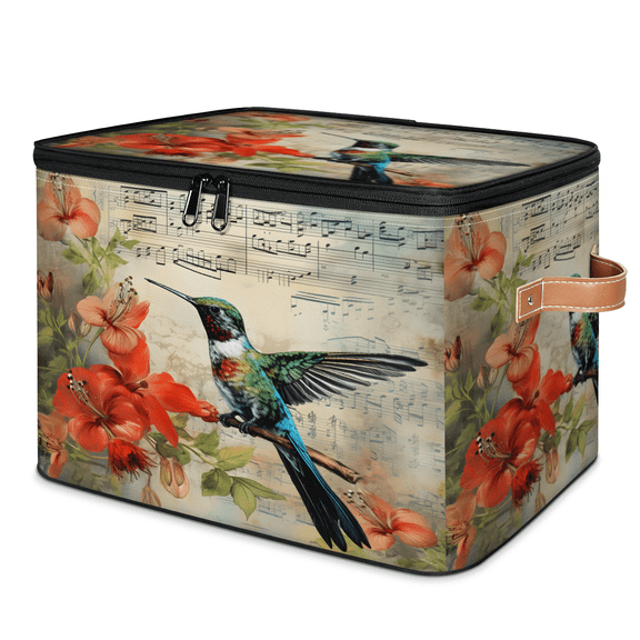 CURLYOOT Floral Hummingbird Storage Bin with Zipper Lid, Fabric Decorative Lidded Storage Baskets Boxes, Foldable Organizer Container Basket for Bedroom Closet Shelf