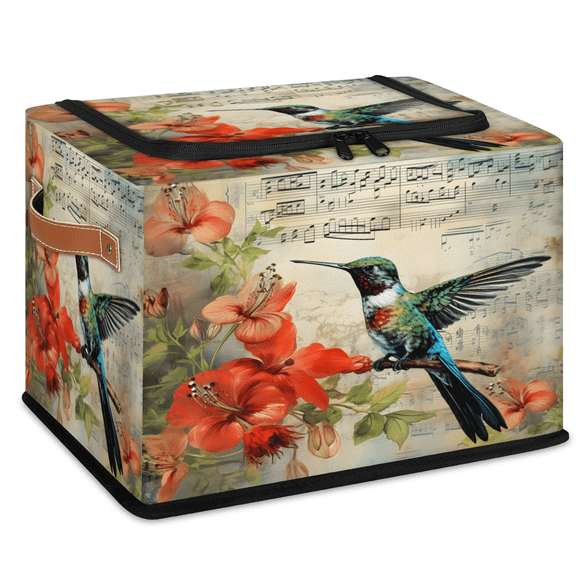 CURLYOOT Floral Hummingbird Storage Bin with Zipper Lid, Foldable Clothes Organizer Lidded Storage Baskets, Rectangular Box Closet Shelf Container Organizer for Home Dorm
