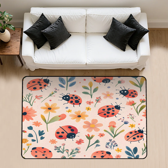 CURLYOOT Floral Ladybugs Area Rug 3x5 Ft Rugs for Entryway Entrance Kitchen, Washable Non Slip Indoor Floor Carpet for Bedroom Living Room