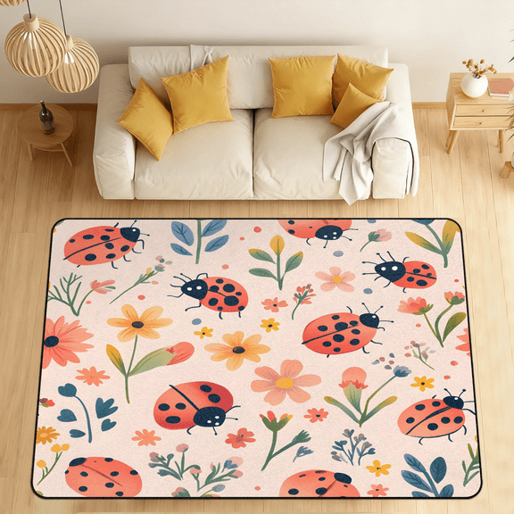 CURLYOOT Floral Ladybugs Area Rugs 5'x7' Washable Rug Large Living Room Rug Non Slip Indoor Floor Carpet for Dining Room Bedroom Home
