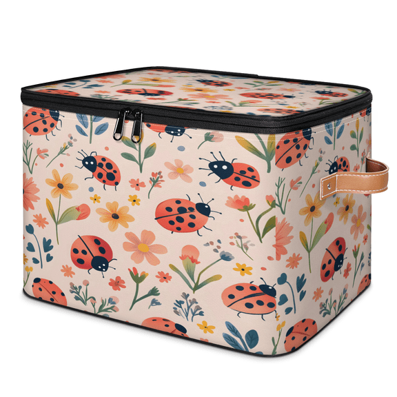 CURLYOOT Floral Ladybugs Storage Bins with Zipper Lid Fabric Storage Baskets Boxes Washable Foldable Clothes Organizer Container with Leather Handles for Shelves Closet
