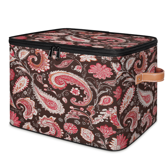 CURLYOOT Floral Paisley Storage Bins with Zipper Lid Fabric Storage Baskets Boxes Mandala Washable Foldable Clothes Organizer Container with Leather Handles for Shelves Closet