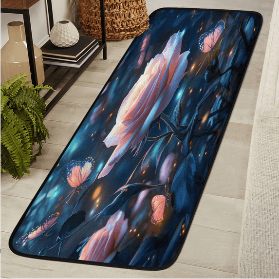 CURLYOOT Floral Pinks and Butterfly Runner Rug 2'x6' Washable Kitchen Runner Rug Indoor Non Slip Laundry Rugs Floor Carpet for Hallway Kitchen Entryway Bedroom Living Room