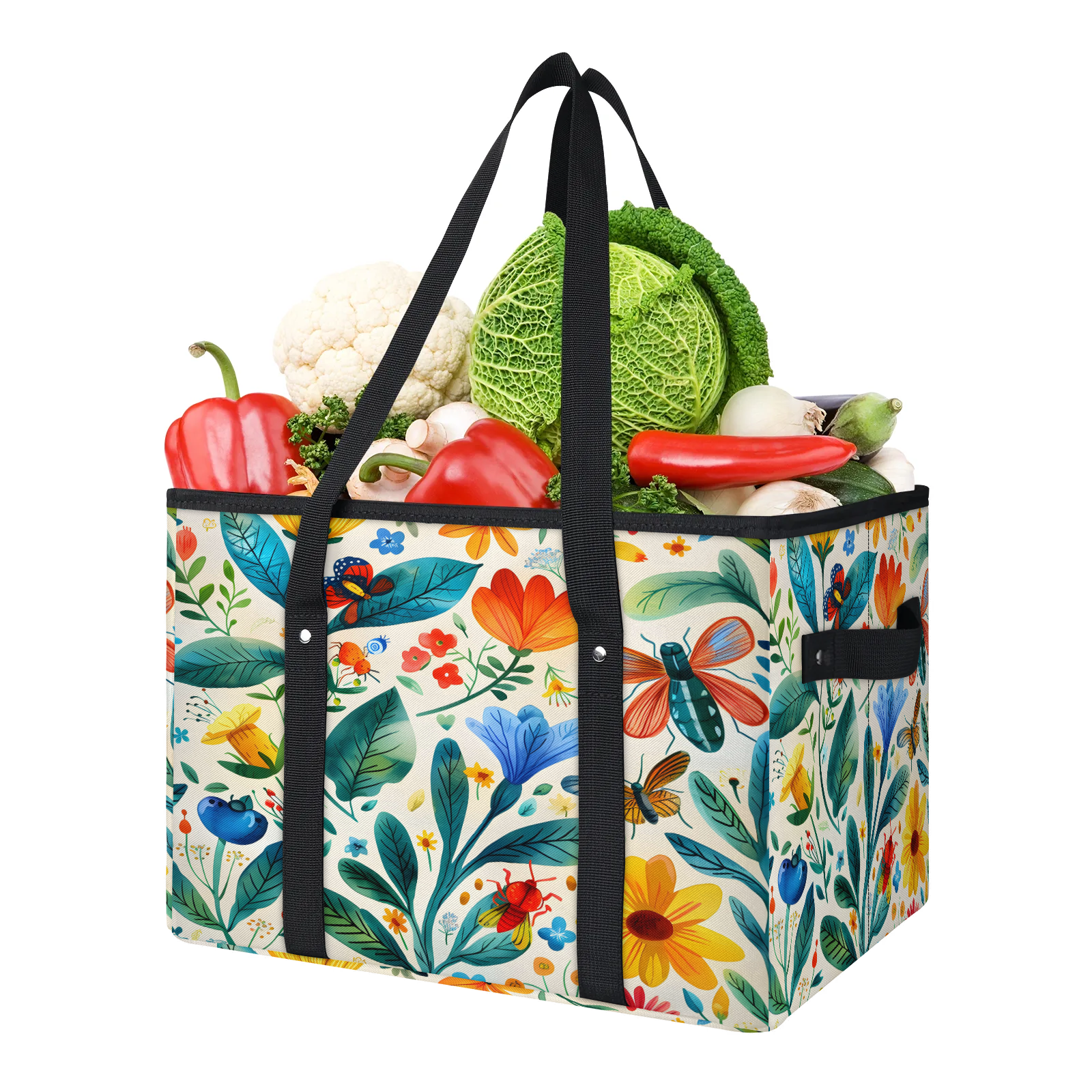 CURLYOOT Floral Reusable Grocery Bag, Large Foldable Grocery Totes ...