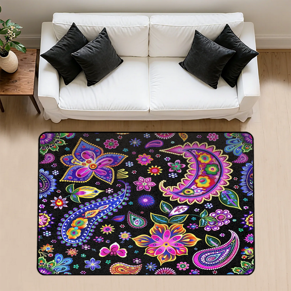 CURLYOOT Floral Rug for Living Room Bedroom, 4x6 Ft Washable Area Rug, Non Slip Rugs for Entryway, Colorful Paisley Large Carpet for Indoor Dining Room