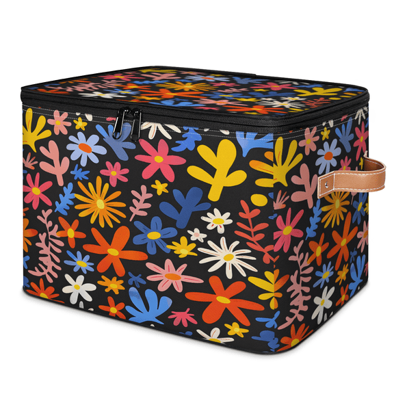 CURLYOOT Floral Storage Bins with Zipper Lid Fabric Storage Baskets Boxes Rustic Flower Washable Foldable Clothes Organizer Container with Leather Handles for Shelves Closet