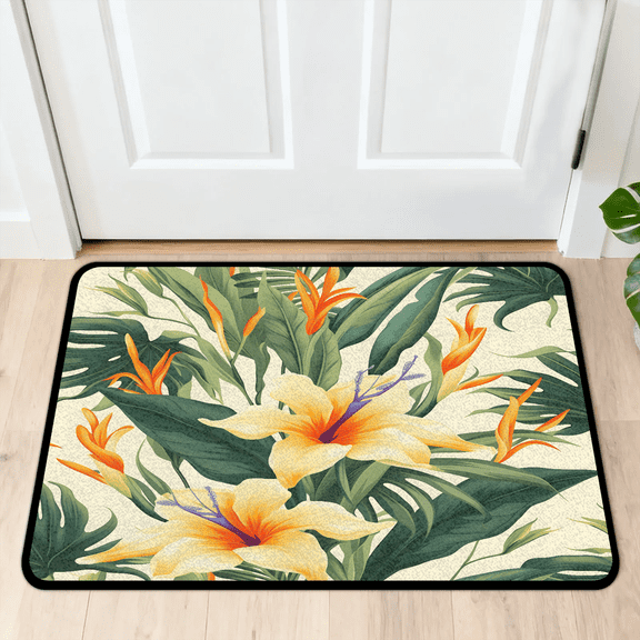 CURLYOOT Floral Tropical Spring Yellow Flower Front Door Mat, Washable Non-Slip Door Mat, Indoor Outdoor Floor Mats Absorbent Welcome Doormat for Entrance 20" x 30"