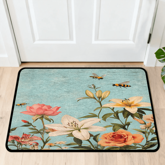 CURLYOOT Floral Watercolor Summer Bee Front Door Mat, Washable Non-Slip Door Mat, Indoor Outdoor Floor Mats Absorbent Welcome Doormat for Entrance 20" x 30"