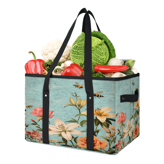 CURLYOOT Floral Watercolor Summer Bee Reusable Grocery Bag, Large Foldable Grocery Totes Shopping Bag for Groceries, Shopping Bags with Handles for Kitchen Trunk Picnic