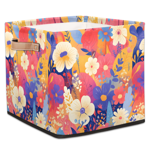 CURLYOOT Flower Boho Floral Cube Storage Bin, 13 x 13 x 13 Storage Cube Bins for Organizing, Fabric Foldable Baskets with Handles for Closet, Shelves, Clothes