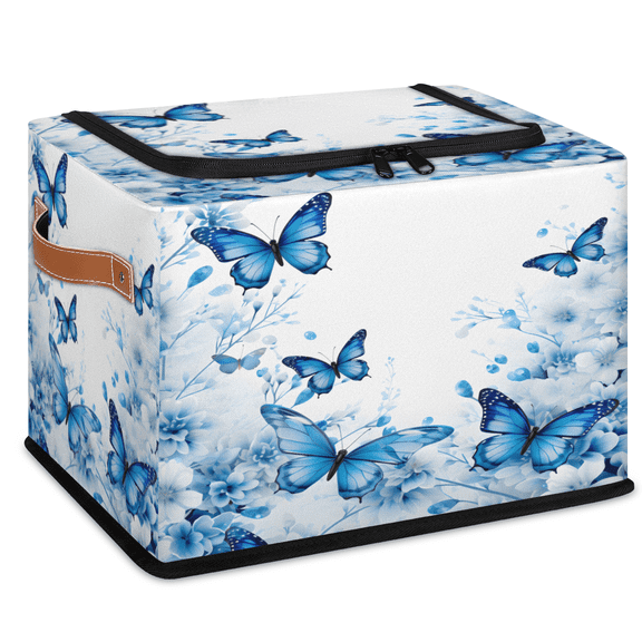 CURLYOOT Flower Butterfly Blue Floral Storage Bin with Zipper Lid, Foldable Clothes Organizer Lidded Storage Baskets, Rectangular Box Closet Shelf Container Organizer for Home Dorm