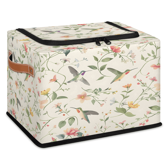 CURLYOOT Flower Hummingbird Storage Bin With Zipper Lid, Foldable Clothes Organizer Lidded Storage Baskets, Rectangular Box Closet Shelf Organizer