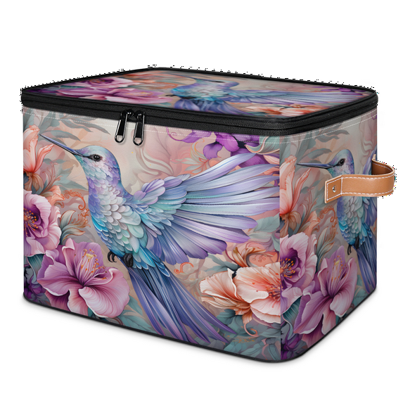 CURLYOOT Flower Hummingbird Storage Bin with Zipper Lid, Fabric Decorative Lidded Storage Baskets Boxes, Foldable Organizer Container Basket for Bedroom Closet Shelf