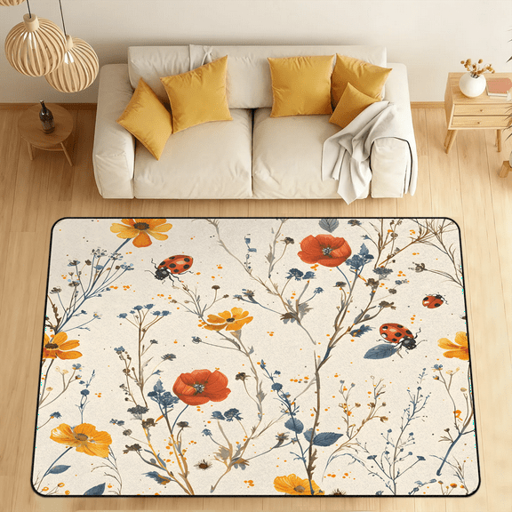 CURLYOOT Flower Ladybugs Area Rugs 5'x7' Washable Rug Large Living Room Rug Non Slip Indoor Floor Carpet for Dining Room Bedroom Home