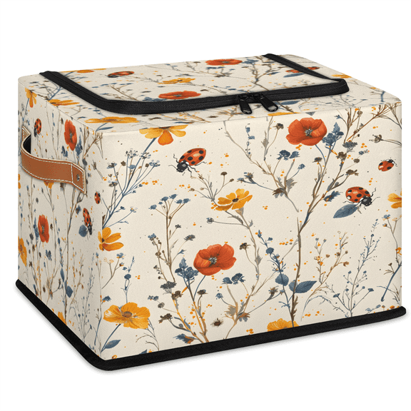 CURLYOOT Flower Ladybugs Storage Bin with Zipper Lid, Foldable Clothes Organizer Lidded Storage Baskets, Rectangular Box Closet Shelf Container Organizer for Home Dorm
