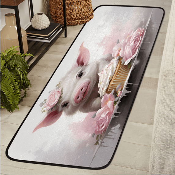 CURLYOOT Flower Pig Runner Rug 2'x6' Washable Kitchen Runner Rug Indoor Non Slip Laundry Rugs Floor Carpet for Hallway Kitchen Entryway Bedroom Living Room