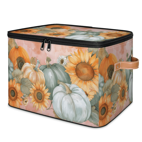 CURLYOOT Flower Pumpkin Fall Watercolor Storage Bins with Lid, Decorative Fabric Storage Boxes, Foldable Closet Shelf Organizer Baskets for Bedroom, Living Room, Home