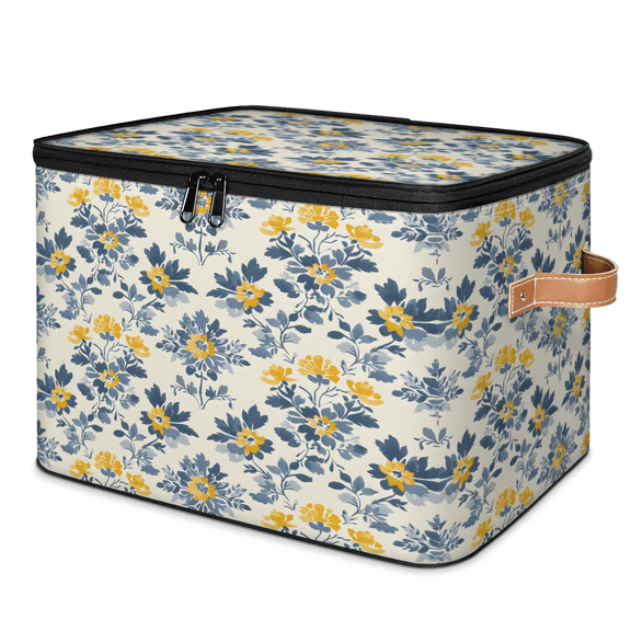 CURLYOOT Flower Retro Fabric Storage Bins with Lids, Vintage Floral Foldable Storage Boxes Washable Storage Cube, Closet Bedroom Home Organizer Containers with PU Leather Handles