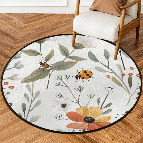 CURLYOOT Flowers Ladybugs 5.2ft Round Rug for Living Room, Large Washable Area Rug, Non Slip Floor Mat Red Ladybugs Indoor Rugs for Bedroom, Dining Room, Offices, Entryway