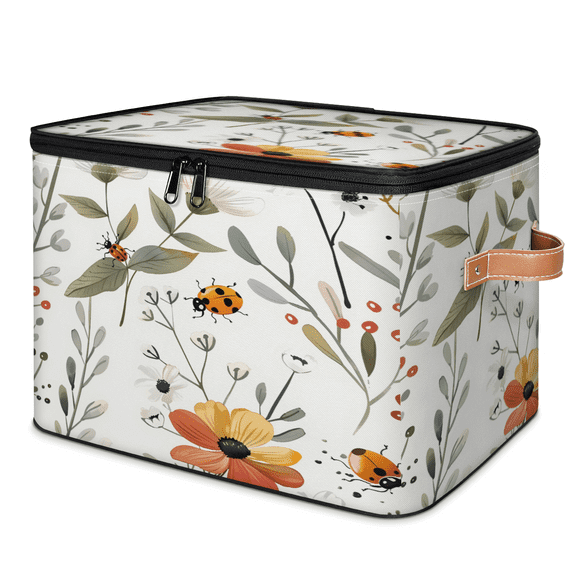 CURLYOOT Flowers Ladybugs Fabric Storage Bins with Lids, Red Ladybugs Foldable Storage Boxes Washable Storage Cube, Closet Bedroom Home Organizer Containers with PU Leather Handles