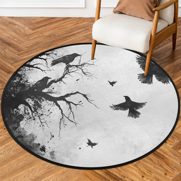 CURLYOOT Flying Crows 5.2ft Round Rug for Living Room, Large Washable Area Rug, Non Slip Floor Mat Indoor Rugs for Bedroom, Dining Room, Offices, Entryway
