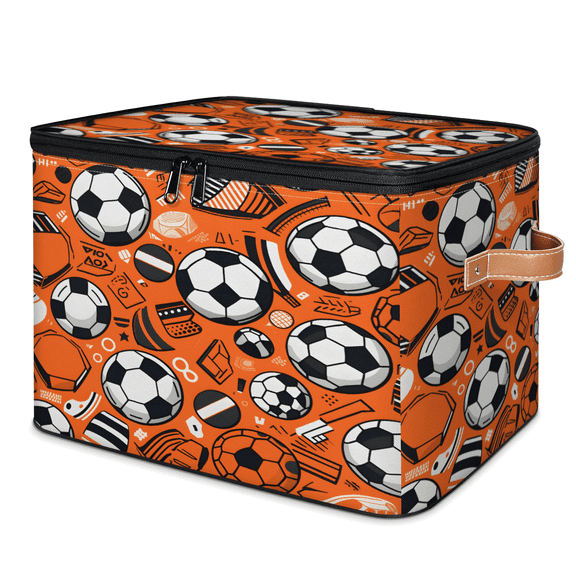 CURLYOOT Football Soccer Print Fabric Storage Bins with Lids, Foldable Storage Boxes Washable Storage Cube, Closet Bedroom Home Organizer Containers with PU Leather Handles