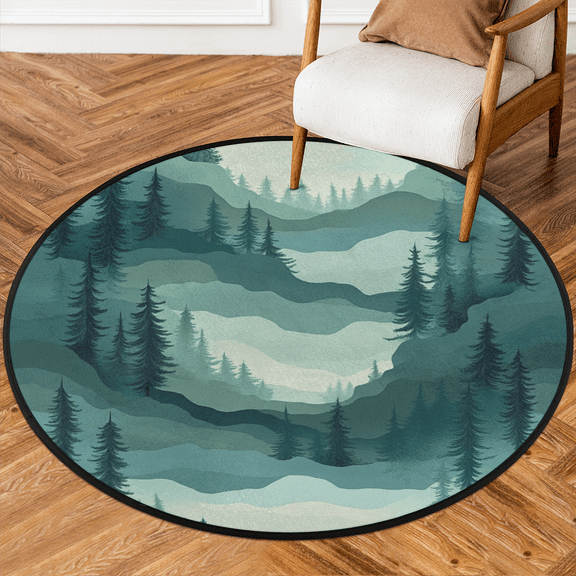 CURLYOOT Forest Tree Green 5.2ft Round Rug for Living Room, Large Washable Area Rug, Non Slip Floor Mat Indoor Rugs for Bedroom, Dining Room, Offices, Entryway